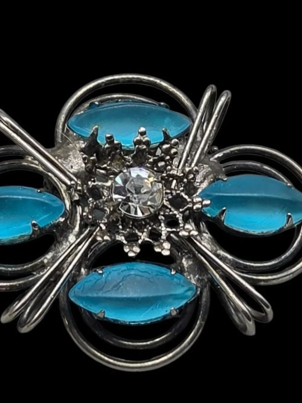 Vintage Frosted Blue Marquise Glass Brooch Wire Wrap Central Rhinestone1980s